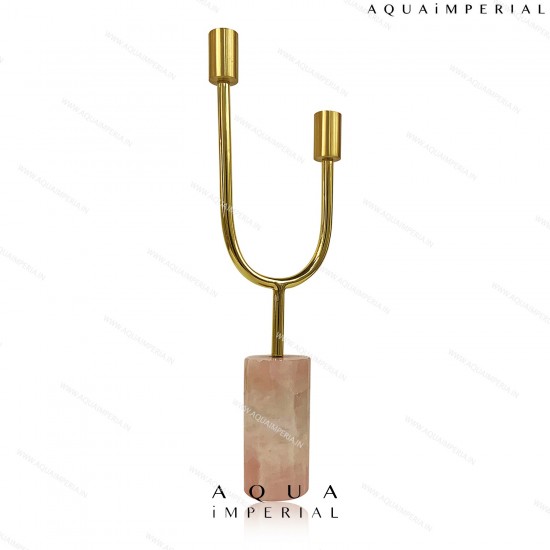 Rose Quartz with twin brass candle holder 