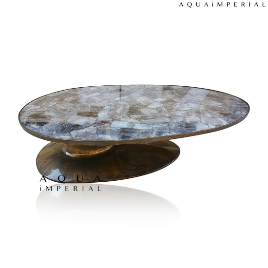 SMOKY QUARTS OVAL CENTER TABLE WITH BRONZE  BASE